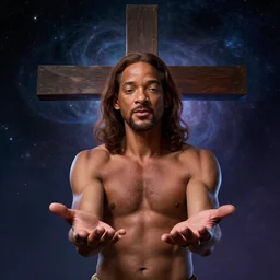 cosmic portrait of will smith as jesus holding his hands open, big cross behind him, on a cross, au naturel, hyper detailed, digital art, trending in artstation, cinematic lighting, studio quality, smooth render, unreal engine 5 rendered, octane rendered, art style by klimt and nixeu and ian sprigger and wlop and krenz cushart.