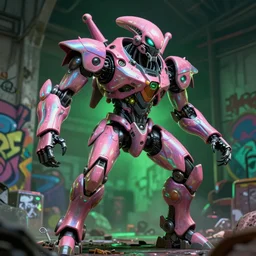 hyperrealistic hyperdetailed graffiti mecha iridescent pink fighting aliens concept art santiago caruso de chirico sharp very dramatic green light 8k low angle shallow depth of field