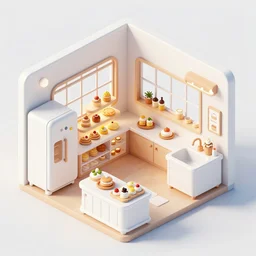 cute bakery shop, refrigerator, sink, windows, isometric art, white furniture, bright, artstation, highly detailed, cinematic lighting + masterpiece