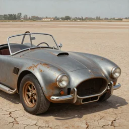 closeup of rusty shelby cobra, full car, weathered, panorama, desert, cracked dry lake bed, by Zdzislaw Beksinski, Norman Rockwell, al duke, Valter de Morais, highly detailed, soft lighting, film grain, 8k resolution, hd, oil on canvas