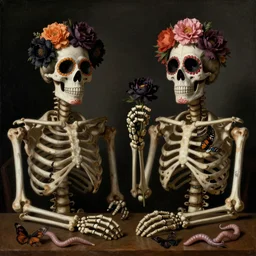 two skeletons next to each other, flowers in the eye sockets, holding dark flowers, butterflies and worms, day of the dead, Dutch masters, still life, classic art