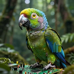 one robot parrot bird with chrome beak and wings, rainforest, bokeh, led lights, electronics circuit board, grunge, glowing eye, sharp details, octane render