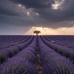 lines of lavender field heading away from viewer, a! single tree! on horizon, desaturated colors, sunset, panoramic, by peter lik