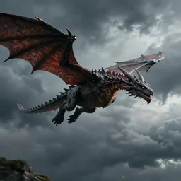 epic cinematic shot of dragon flying through stormy clouds in the style of Game of Thrones