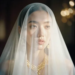 filmstill photography of female face covered with white translucent blanket, luxurious supermodel photoshooting, golden jewelry, bokeh, godrays