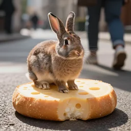 a photo of a rabbit standing on a cheese bread, on street walk, realistic photo