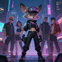 female anthropomorphic coyote character wearing black cyberpunk skater clothes with neon highlights in a cyberpunk city at night. Renowned character illustration by greg rutkowski, thomas kindkade, alphonse mucha, loish, norman rockwell. Trending on artstation. Furry art. 4k.