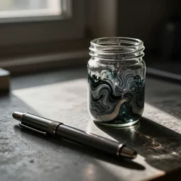 airbrush of technical pen and glass pickle jar of swirling ink shimmering on a desk, dramatic afternoon lighting, realism, muted colors, heavy metal, by moebius