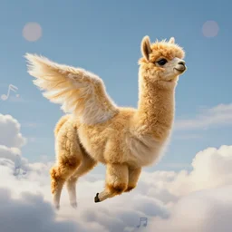 adorable mystic flying golden furred alpaca god seen paddling with hoofs through the clouds listening to sky music, fluffy fluffy fur, magic anatomy, surprisingly coherent and realistic, octane, 4 k, dreamy blurred lens, analog filter, bokeh