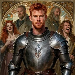 stunning portrait of ( ( ( ( red haired chris hemsworth ) ) ) ) as destruction from sandman looking like kristofer hivju!!, medival armour, by frank moth, by jeremy mann, by alphonse mucha, dave mckean, laugthing, soft lightning, high detailed, 8 k