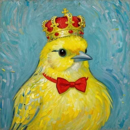 an elegant yellow bird wearing a royal crown and a red bow tie in the style of vincent van gogh, very very beautiful, post-impressionism, high quality, detailed, 4k