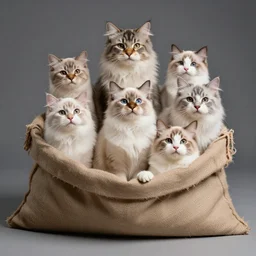 a highly detailed photo of multiple furry cats, they are inside a big sack, gray background, studio lighting, 4 k, 8 k