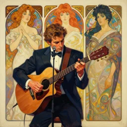 a beautiful painting of a musician by sachin teng and pascal blanche and alphonse mucha and nekro and josan gonzalez. in style of vector art. film noirs, akira, brush stroke, vibrating colors, hyper detailed. octane render. trending on artstation