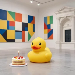 a hyper - realistic rubber duck sits alone in a large room next to a birthday cake, the walls are covered with colorful geometric wall paintings in the style of sol lewitt, neoclassical architecture.