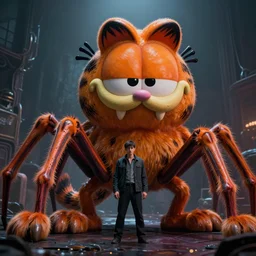 a giant evil garfield with sharp teeth and spider legs, lovecraftian horror by greg rutkowski, stanley artgerm lau and jason chan, highly detailed, cinematic lighting, octane render, unreal engine lumen, very coherent. cinematic, hyper realism, high detail, octane render, 8 k