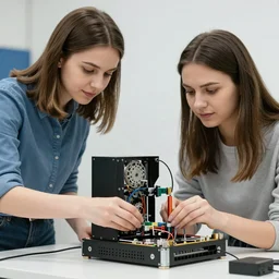 two women assembling a quantum computer, Ukraine. photography