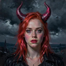 Elle Fanning with devil horns in the style of Paola Vetri, head and shoulders portrait, stormy weather, extremely detailed masterpiece, oil on canvas, low-key neon lighting, artstation, Blade Runner 2049, Roger Deakin’s cinematography, by J. C. Leyendecker and Peter Paul Rubens and Edward Hopper and Michael Sowa,