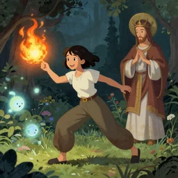 smiling hapa sorceress in trousers with short hair (shoulder length hair) wearing trousers casting a fireball and chasing will-o-wisps in a garden, orthodox saint, by Greg Rutkowski, breathtaking digital 2d cover art