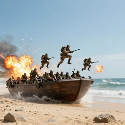 fantasy soldiers jumping onto beach from landing craft, explosions and magic, cinematic