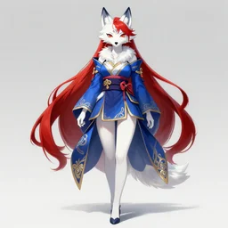 commissioned full body portrait of a female anthro wolf princess fursona with white fur and long red hair hair wearing a blue and gold Japanese armored dress in a white and gold palace on a starry night with a large crescent moon, by a professional manga illustrator, by Kilian Eng, by Sandra Chevrier, trending on artstation