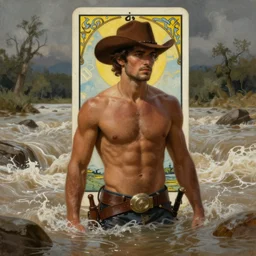an ethereal, dramatic, epic painting of a handsome brown shirtless cowboy | background is a torrential flooding river | tarot!! card, art deco, art nouveau | by Mark Maggiori | trending on artstation