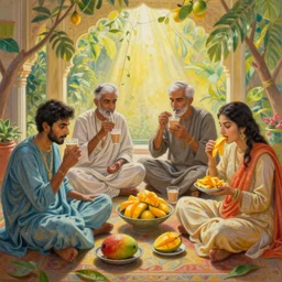 people having chai and eating mangoes, relaxing, absurdly beautiful, elegant, realistic, painting by salman toor, bright colors, global illumination, radiant light, intricate environment