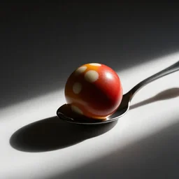 still life photography of a skittle in a spoon