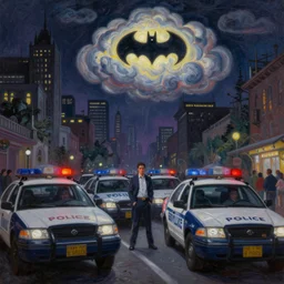 a beautiful, surreal painting of india portrayed as gotham city at night filled with police cars, people and batman signal on the clouds by greg rutkowski, oil on canvas, full hd, 8 k
