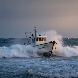 a small fishing boat on the ocean being tossed around in heavily crashing waves, dusk, rule of thirds, rendered in octane, Corona, vray and Arnold, insanely detailed, photorealistic, cinematic, global illumination, no grain —w 2048