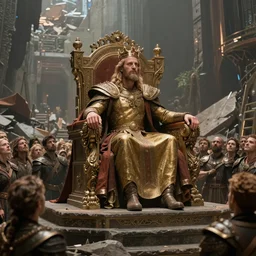 a highly detailed, sci fi image of a new king being crowned in a fallen society. The crowd is looking on hopeful as their new leader takes the throne. In the style of Kilian Eng