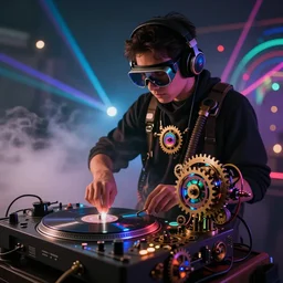 a person wearing goggles and visor and headphones using a steampunk record player contraption, wires and tubes, turntablism dj scratching, intricate planetary gears, cinematic, imax, sharp focus, leds, bokeh, iridescent, black light, fog machine, hazy, lasers, hyper color digital art, cyberpunk