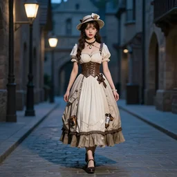 full body portrait photo of reol wearing a elegant pleated steampunk dress, open top, wearing a cute hat, waling down a medieval street, exterior, streetlamps, dim studio lighting, at night, ( ( photograph ) ), moody, realistic, detailed, low light, skin tinted a warm tone, light blue filter, light matching