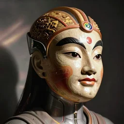 a beautiful cyborg made of fast food ceremonial maske