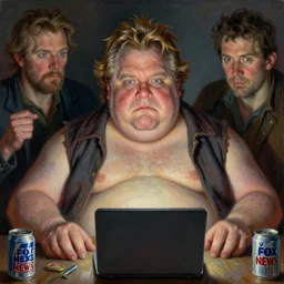 hyper realistic portrait of a hugely fat ugly don cherry, don cherry old degenerate watching fox news surrounded by beer cans, portrait dnd, painting by gaston bussiere, craig mullins, greg rutkowski, yoji shinkawa