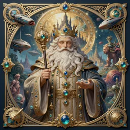 symetrical art noveau poster illustration highly detailed ornate with jewels and precious metals majestic, sandman kingdom, close up in the bg entrance castle kingdom of dreams, space ships, futuristic, land of advanced races, giants, hollow earth, hiperrealistc, global illumination, radiant light, detailed and intricate environment. art by oleg oprisco, 8 k
