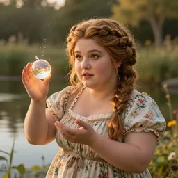 fantasy portrait of a cute dwarven woman wearing a floral dress by a pond, intricate braided hair, highly detailed face, chubby plump figure, secret of mana!!!, by gerald brom and william - adolphe bouguereau, golden hour