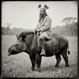 Daguerreotype of a Cherokee Chief riding a large Malayan tapir