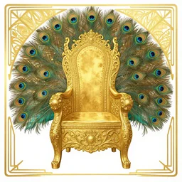 a throne made of gold and surrounded by peacock feathers, concept art, illustration, tamara de lepika, rutkowski, art deco boarder by alphonse mucha