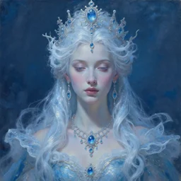 full - body - portrait of a beautiful stunning peaceful majestic ice queen wearing intricate jewelry, oil on canvas, baroque style, perfect symmetrical face, mood lighting, ornate and elegant, winter, philosophical, dreamlike, ethereal, painterly, 🌚, digital art, detailed, trending on artstation