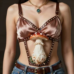 fashion photography, a woman anthropomorphic mushroom styled, buxom, silk, chiffon, patent leather, steel studs, denim, leather, jewels, amanita myscaria
