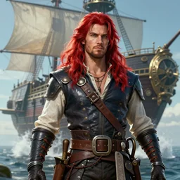 an epic fantasy comic book style portrait painting of a long haired, red headed male sky - pirate in front of an airship, krenz cushart, unreal 5, daz, hyperrealistic, octane render, cosplay, rpg portrait, dynamic lighting