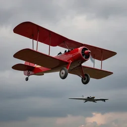 red baron triplane fighting versus starship. cloudy sky at dusk. high resolution