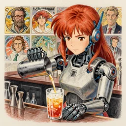 a cyborg bartender mixing a drink, redhead, prosthesis, cyberpunk, finely illustrated face, highly detailed, colored pencil, studio ghibli, tankobon, in the style of ilya kuvshinov and krenz cushart and william - adolphe bouguereau and alphonse mucha