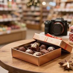 5 5 mm photo, of freshly opened gift box with chocolate on a wooden table in a candy store. dof. bokeh. christmas magical atmosphere. art by greg rutkowski. highly detailed 8 k. intricate. lifelike. soft light. sony a 7 s.