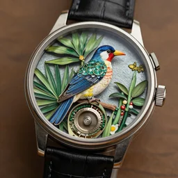 tropical bird repeater by Jaquet Droz,  macro photography, trending on artstation, octane render