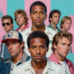a closeup portrait painting of crockett and tubbs in eighties miami vice, ultra realistic, highly detailed faces, true life, 8 k, masterpiece, cinematic, by frank frazetta, greg rutkowski, yoko taro, christian macnevin, beeple, wlop, krenz cushart, epic character art, dramatic lighting, pink white turquoise