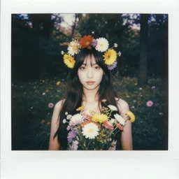 portrait of a beautiful woman covered in flowers, Forest, ray gods, 1910 polaroid photography