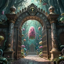 The gate to the eternal kingdom of bacteria, fantasy, digital art, HD, detailed.