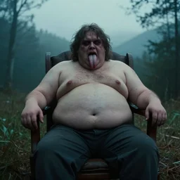 creepy obese man in a chair with an 8 foot tongue, appalachia, atmospheric, photograph, 4 k