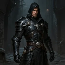 portrait of a male muscular thief wearing black leather armor in a dark alleyway, fantasy, intricate, elegant, highly detailed, digital painting, artstation, concept art, matte, sharp focus, illustration, art by aenaluck and roberto ferri and greg rutkowski, epic fantasy, moody, dark mood, digital painting
